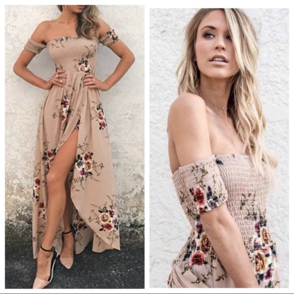 Tan off the shoulder floral dress
